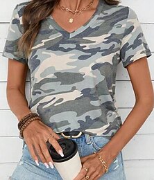preiswerte -Damen T Shirt Druck Grafik Tarnung Stilvoll Klassisch Lässig Kurzarm V Ausschnitt Normale Oberteile Lässig Täglich Grün Sommer Frühling