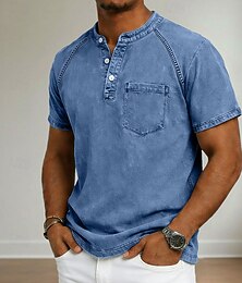 abordables -Hombre Camiseta Henley Shirt Camisa 100% algodón con lavado ácido Camiseta superior Manga Corta Henley Otoño invierno Verano Primavera Plano Vintage Ropa de calle Casual Prenda teñida Lavado Mangas