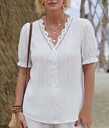economico -Per donna Maglietta Pizzo Patchwork Testurizzato Semplice Moda Elegante Classico Manica Corta Scollo a V Top lunghi Casuale Quotidiano Uscire Nero Bianco Giallo Azzurro cielo Verde Estate Primavera