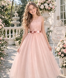 preiswerte -Kinder Mädchen Blumenmädchenkleid Kleid Partykleid Einfarbig Ärmellos Hochzeit Formell Besonderer Anlass Spitze Netz Elegant Mode Prinzessin Polyester Maxi Blumenmädchenkleid Sommer Frühling 4-13