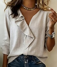 economico -Per donna Blusa Volant Tinta unica Elegante Essenziale Casual Manica 3/4 Scollo a V Top Regolari Quotidiano Albicocca Estate Primavera Autunno