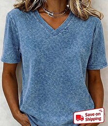 お買い得  -女性用 Tシャツ コットンシャツ ティートップ フリル 平織り ヴィンテージ ファッション スタイリッシュ 半袖 Ｖネック レギュラートップス カジュアル 日常 お出かけ ブルー パープルブルー ブラック アーミーグリーン パープル 夏 春