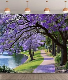 cheap -Purple Blossom Tree Wall Tapestry Backdrop Lake Path Nature Landscape Wall Hanging Scenic Floral Forest Tapestry for Bedroom Living Room Dorm Home Decor