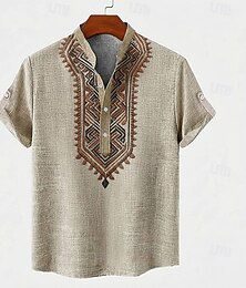 preiswerte -Herren Geometrisches Muster Stammes Ethnisch Hemd Durchgeknöpft Hemd Kurzarm Vintage-Retro Ferien Alltagstauglich Sommer Frühling Stehkragen Henley-Kragen 3D-Druck Leinenähnliches Hemd Cachi scuro