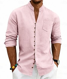 preiswerte -Herren Hemd Leinenhemd Sommerhemd Strandhemd Einfach Lässig Urlaub Schwarz Weiß Rosa Marineblau Langarm Stehkragen Sommer Frühling Bekleidung Tasche