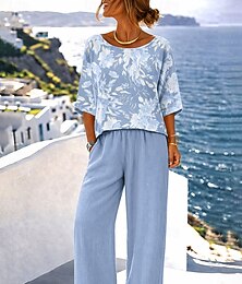 economico -Completi pantaloni waffle per donna a maniche corte girocollo stampa floreale grafica moda streetwear casual quotidiani all'aperto blu rosa primavera e estate vestibilità ampia