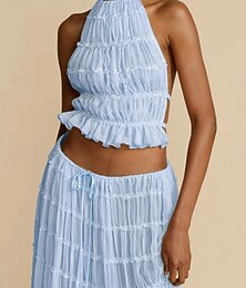 ieftine -Pentru femei Seturi din două piese Seturi de fuste Fără manșon Gâtul halter Culoare solidă Simplu Peteci Modă Șic Stradă Casual Zilnic În aer liber Albastru piscină Negru Galben Vară Fit regulat