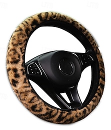 baratos -Capa de volante feminina com estampa de leopardo, protetor de carro macio e felpudo em imitação de pele, acessório universal antiderrapante para interior de carro de 14,5 a 15 polegadas, ideal para o