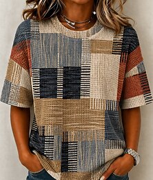 preiswerte -Damen Waffel T-Shirt Stricktops mit Textur T Shirt Sommeroberteile Überschnittene Schulter Druck Grafik Geometrisch Karomuster Vintage Stilvoll Klassisch Kurzarm Rundhalsausschnitt Rundhals Normale