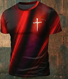 abordables -Camiseta moderna para hombre con estampado gráfico de cruz, degradado rojo y negro, cuello redondo, manga corta, regalo de fe cristiana para él, ropa de diseñador.