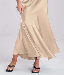 abordables -Femmes Jupes en satin Élégant Maxi Taille haute Jupes Couleur Unie Patchwork Non Elastique Vacances Vert foncé Noir Champagne Été