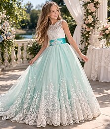 preiswerte -Blumenmädchenkleid Mädchen Formelle Kleidung Erstkommunion Kleid Abendkleid Partykleid Party Hochzeit Elegant Mode Prinzessin Spitze Netz Einfarbig Ärmellos Rundhalsausschnitt Grün 4-13 Jahre