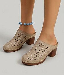 abordables -Mules kaki ajourées pour femme avec talon bloc – sabots habillés respirants et faciles à enfiler, talons confortables et légers pour les garden-parties et les voyages en station balnéaire &vêtements