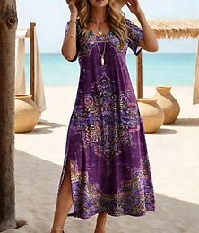 preiswerte -Damen Maxikleid A Linie Kleid Lässig Strand Lässiger Schnitt Grafik Geometrisch Paisley-Muster Kurzarm Rundhalsausschnitt V Ausschnitt Purpur Sommer Frühling