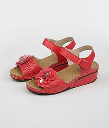economico -sandali rossi con zeppa da donna con decorazioni floreali e cinturino regolabile alla caviglia per outfit estivi e casual
