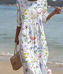 baratos -Mulheres Vestido midi Vestidos Para o Verão Vestido de verão Férias Casual Boho Feriado Ajuste Largo Floral Gráfico Meia Manga Gola Redonda Azul Rosa Roxo Verão Primavera