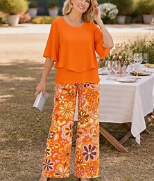 economico -Per donna Set di Pantaloni Manica Corta Mezza Manica A farfalla Girocollo Floreale Grafico Elegante Vacanza Casuale Quotidiano Arancione Verde Beige Primavera & Estate Vestibilità comoda
