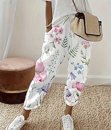 abordables -Mujer Pantalones con tacto de lino Perneras anchas Pantalones casuales Pantalones de verano Vacaciones Moda Ropa de calle Longitud total Media cintura Floral Graphic Bolsillo Cintura elástica