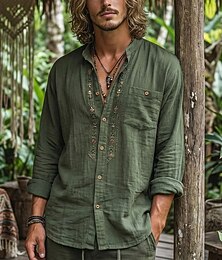 preiswerte -Herren Hemd Leinenhemd Wikinger-Stil Sommerhemd Strandbekleidung Knopfhemd Einfarbig Outdoor Urlaub Grün Langarm Hemdkragen Sommer Frühling Bekleidung Tasche
