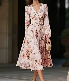 economico -Per donna Abito Midi Vestito in Chiffon Abito Floreale Abito Stampato Elegante Moderno All'aperto Vacanza Uscire Vestibilità regolare Floreale Manica Lunga Scollo a V Rosa Estate Primavera