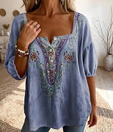 preiswerte -Damen Bluse Gerafft Druck Blumen Grafik Bohemien Täglich Stilvoll Halbarm Quadrathals Normale Oberteile Täglich Strand Ferien Blau Staubiges Blau Purpur Sommer Frühling