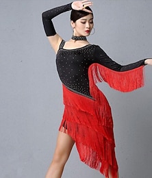 abordables -Vestido de baile latino negro con flecos rojos para mujer, manga larga, vestido de competición de baile de salón con pedrería.
