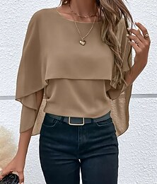 economico -Per donna Blusa Arricciato Tinta unica Elegante Essenziale Casual Manica 3/4 Girocollo Top Regolari Quotidiano Blu Nero Rosa Rosso Cammello Estate Primavera Autunno