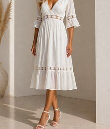 preiswerte -Damen Midikleid Chiffonkleid Spitzenkleid Weißes Kleid Elegant Mode Täglich Wochenende Normale Passform Einfach Halbarm V Ausschnitt Weiß Sommer Frühling