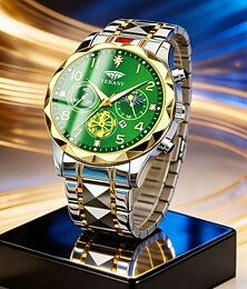 voordelige -Luxe herenhorloge met groene wijzerplaat en chronograaf, tweekleurig goud-zilverkleurig roestvrijstalen quartz polshorloge, waterdicht, modieus zakelijk horloge met maanfase en datum, een ideaal