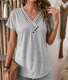 お買い得  -女性用 夏のトップス フリル ボタン スタイリッシュ クラシック 半袖 Ｖネック レギュラートップス カジュアル 日常 バケーションウェア ブラック ホワイト ピンク ルビーレッド ネービーブルー 夏 春