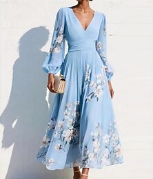 economico -Per donna Abito maxi Vestito in Chiffon Abito Floreale Abito Stampato Elegante Moda Moderno All'aperto Vacanza Ferie Vestibilità regolare Floreale Manica Lunga Scollo a V Verde chiaro Rosa Blu Reale