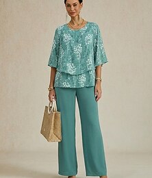 preiswerte -Chiffon-Hosen-Set für Damen mit halben Ärmeln, Rundhalsausschnitt und Blumenmuster, ideal für Hochzeiten und elegante Anlässe.