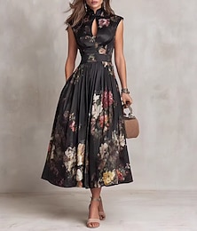 abordables -Femmes Robe Midi Robe en Satin Élégant Quotidien Vacances Week-end Coupe régulière Fleuri Sans manches Col de chemise Noir Été