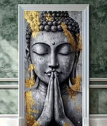 economico -Buddismo zen, statua di Buddha in preghiera, arte con foglia d'oro, banner per porta, testa di Buddha in meditazione, texture di pietra grigia, copertura per porta per studio di yoga, stanza di