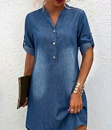 preiswerte -Damen Knielanges Kleid Jeanskleider Freizeitkleid A Linie Kleid Mode Basic Täglich Outdoor Urlaub Normale Passform Einfach Kurzarm Stehkragen Blau Sommer Frühling