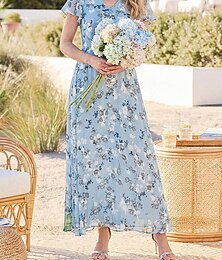 abordables -Femmes Robe maxi Robe en Chiffon Robe Fleurie Élégant Mode Moderne Quotidien Vacances Week-end Coupe régulière Fleuri Manche Courte Col en V Bleu Vert Bleu clair Été Printemps
