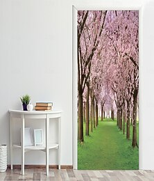 abordables -Adhesivo para puerta con diseño de túnel de flores de durazno, vinilo decorativo de pared de PVC autoadhesivo removible, mural de camino de cerezos en flor para dormitorio, sala de estar, baño,