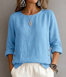 preiswerte -Damen Bluse Gerafft Knöpfe Einfach Vintage Stilvoll Langarm Rundhalsausschnitt Normale Oberteile Täglich Ferien Ausgehen Blau Schwarz Weiß Gelb Rosa Sommer Frühling