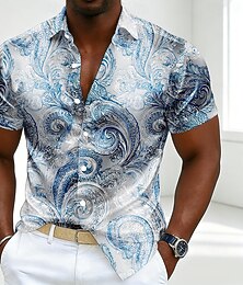 お買い得  -男性用 ペーズリー フラワープリント エスニック シャツ サテンシャツ ドレスシャツ 半袖 ヴィンテージレトロ 日常 バケーション 夏 春 折襟 3Dプリント ボタンアップシャツ ブルー パープル カーキ色