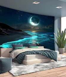 billiga -surrealistisk natt strand väggbonad bioluminescerande glöd hav fullmåne stjärnhimmel väggbonad stor tygkonst för sovrum vardagsrum studentrum kustrumsinredning