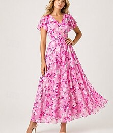 preiswerte -Chiffon-Midikleid mit Blumenmuster, kurzen Ärmeln und V-Ausschnitt, ideal für Sommer, Cocktailpartys, Teepartys und Urlaub