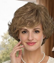 baratos -Peruca sintética curta e elegante em camadas para mulheres - castanho suave com volume e ondas naturais.