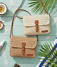 abordables -Sac bandoulière bohème en paille pour femme, sac à main tressé ivoire et kaki avec bandoulière réglable, idéal pour les vacances à la plage, les séjours en station balnéaire, les tenues d'été décontractées et le quotidien.