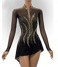 preiswerte -Eiskunstlaufkleid Damen Mädchen Eislaufkleid Schwarz Patchwork Asymmetrischer Saum Hohe Elastizität Training Wettkampf Eislaufbekleidung Klassisch Kristall/Strass Langarm Eiskunstlauf