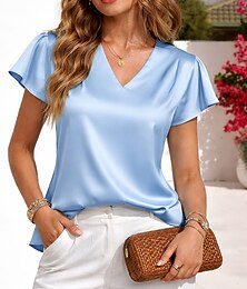 baratos -Mulheres Camisa Social Blusa de cetim Saia Franzido Frufru Côr Sólida Tecido Elegante Moda Casual Manga Curta Decote V Tops regulares Diário Streetwear Escritório Azul Preto Cáqui Damasco Verão