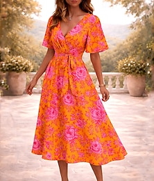 preiswerte -Damen Midikleid A Linie Kleid Bandage Kleid Rüschenkleid Urlaub Lässig Trompetenärmel Ferien Date Normale Passform Blumen Grafik Kurzarm V Ausschnitt Orange Sommer Frühling