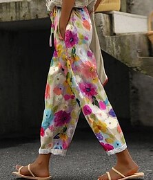 abordables -Pantalones Tipo Lino para Mujer Pantalones Baggy Casual Diarios Largos Florales Cinta Ajustable Bolsillos Laterales Impresión Transpirabilidad Cómodos Inelásticos Fin de Semana Naranja Verde