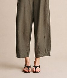 abordables -Femmes 100% Lin Vacances Basique Longueur cheville Taille Moyenne Uni Respirant Non Elastique Quotidien Lin gris-vert Blanche Printemps Coupe Ample