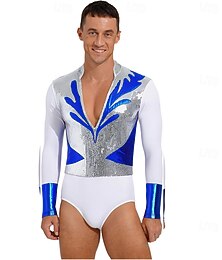 abordables -Combinaison-chemise de danse latine pour homme - paillettes &Justaucorps à empiècements métalliques pour salsa et samba & performance