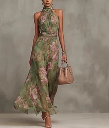 economico -Per donna Abito maxi Vestito in Chiffon Elegante Quotidiano All'aperto Vestibilità regolare Floreale Senza Maniche All'americana Verde Primavera